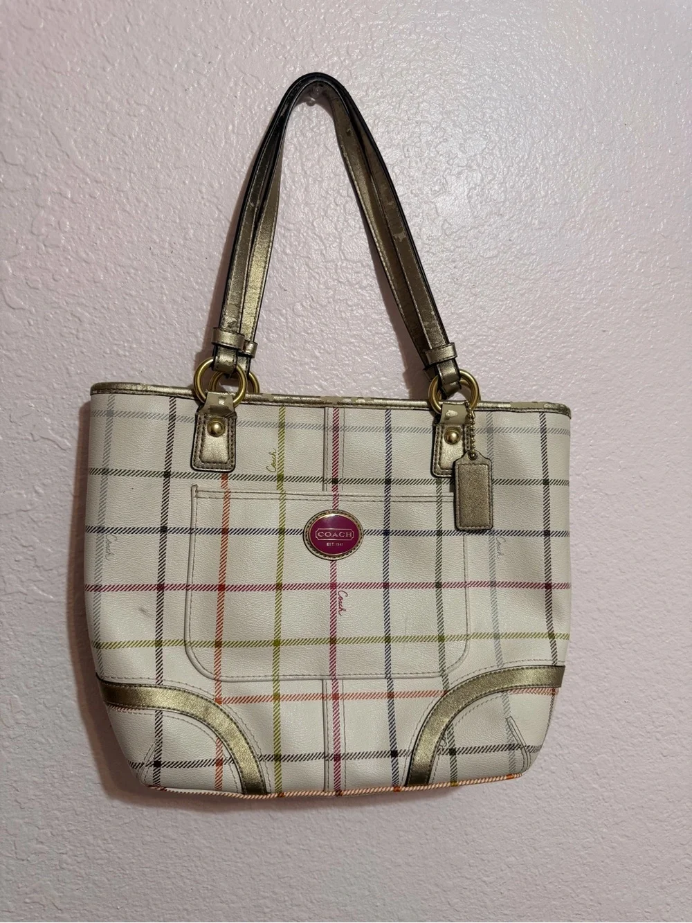 Vintage Coach Plaid Shoulder Tote in Cream with Gold Handles and Pink Logo